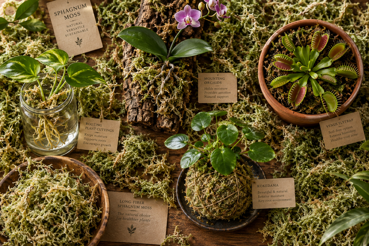 Flat lay of sphagnum moss uses including orchid mount, carnivorous plants, kokedama, and plant cuttings