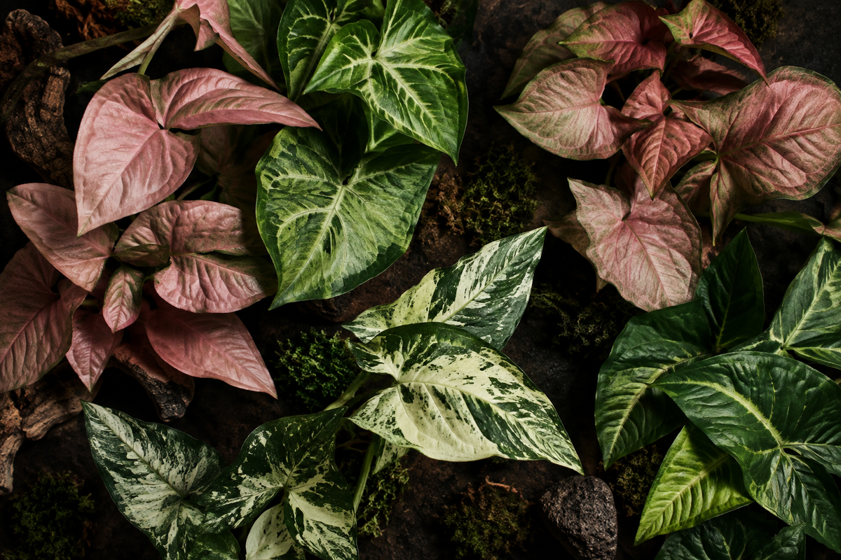 Variety of Syngonium plants including Milk Confetti and Albo