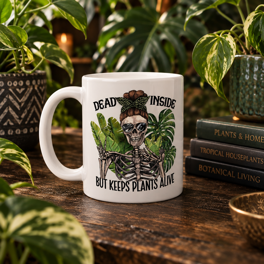 Mug on dark wood with tropical plants